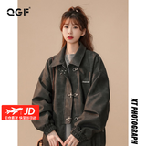 QGF 高级感麂皮绒外套女欧美式复古hiphop夹克春秋设计感小众棒球服 黑色 【高品质】 M [建议90-100斤]