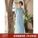 茵曼（INMAN）法式薄荷曼波连衣裙2024夏女装新品V领灯笼袖抽绳 绀蓝色 M