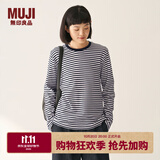 MUJI女式 双罗纹编织 圆领长袖T恤 上衣打底衫女装25年冬季 黑色条纹 M (160/84A)