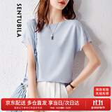 尚都比拉拼接短袖雪纺衫女显瘦遮肚子上衣夏季女装薄款休闲T恤 浅蓝色 XL