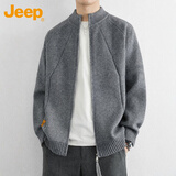 JEEP吉普毛衣男士开衫秋冬季宽松保暖针织衫外套上衣服男装 灰色 XL