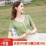 百图betu女装夏季新款T恤法式减龄蕾丝花边V领短袖T恤女2403T19 绿色 M