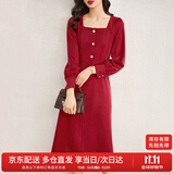 尚都比拉新年红法式连衣裙女春秋季中长款气质女神范收腰显瘦小个子裙子