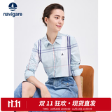 Navigare意大利小帆船女士长袖衬衫春秋季休闲格子衬衣莱赛尔高档寸衫 蔚蓝/白 M