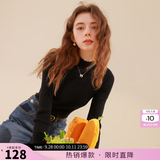 三彩冬款纯色坑条针织衫木耳边半高领修身打底内搭简约女 经典黑 M