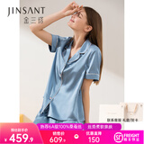 金三塔真丝睡衣女夏100%桑蚕丝外穿短袖套装居家服礼物 [清爽]慕尼黑蓝 短袖长裤 M