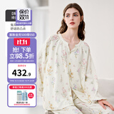 嫚熙（EMXEE）睡衣春夏季孕妇装衣服裤子哺乳待产产后月子服家居服套装弹力丝麻 绮幻花信两件套-胸垫款 无哺乳口 M（适穿115斤以下）
