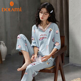 多拉美（DOLAMI）睡衣女夏纯棉中袖九分裤休闲修身全棉套头V领韩版家居服套装 灰蓝 M