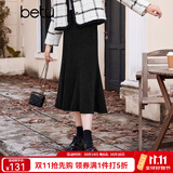百图betu百图女装冬季新款半身裙复古竖纹肌理鱼尾裙女2311T64 黑色 S