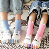 革斤威儿童五指袜秋冬款彩指中筒棉袜棉纯可爱五趾袜吸汗保暖 立耳兔子五指 5双 4-7岁