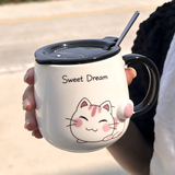 品喻（PINYU）杯子马克杯咖啡杯陶瓷杯高颜值开生日物带盖勺冲泡杯粉猫