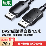 绿联DP2.1满血线80G 16K高清DisplayPort视频线1.5米 8K/4K240Hz 2K540Hz适用电脑显卡接显示器兼容1.4