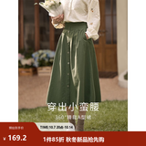 茵曼（INMAN）半身裙女士2026年秋季女装新款复古显瘦通勤中长款纯棉长裙子 茶绿色 -18518192 S
