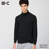优衣库HEATTECH EXTRA WARM混纺两翻领T恤/9分袖男装9%羊绒481442 487484/09黑色 L