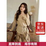 谜秀杏色苎麻针织衫送腰带2026年秋新品上衣女木耳边领侧开叉落肩罩衫 杏色 上衣（送运费险） S