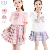 多妙屋女童JK套装儿童T恤夏装半身裙中大童学院风两件套薄66325粉色140