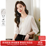尚都比拉时尚洋气圆领七分袖雪纺衫女秋高级少女感气质通勤上衣 白色 M
