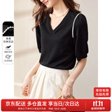 尚都比拉夏季短袖t恤女浪漫花边泡泡袖V领显瘦女装上衣 黑色 S