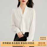 尚都比拉通勤飘带领白色衬衫女秋季上衣珍珠扣设计气质休闲时尚洋气衬衣
