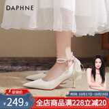 达芙妮高跟鞋女单鞋2026春季法式玛丽珍鞋蝴蝶结淑女小皮鞋粗跟女鞋婚鞋 缎面米白 6cm 细跟 36