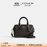 蔻驰（COACH）奥莱女士女包经典老花ROWAN 迷你波士顿单肩斜挎包通勤手提包礼物 IM/胡桃木色/黑色