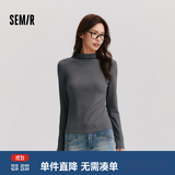 森马（Semir）长袖t恤女短款半高领薄绒轻暖打底衫2024冬新款纯色修身抓绒内搭 灰色调00322 S