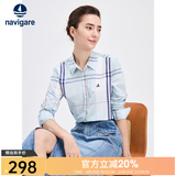 Navigare意大利小帆船女士长袖衬衫春秋季休闲格子衬衣莱赛尔高档寸衫 蔚蓝/白 XL