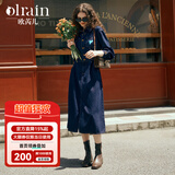 Olrain 90.6%棉丨欧芮儿普鲁士蓝牛仔连衣裙女秋季女装收腰刺绣减龄裙子 牛仔蓝 M