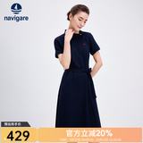 Navigare意大利小帆船短袖连衣裙女士夏季棉质斜领裙子时尚显瘦半袖a字裙 海军蓝 M 码