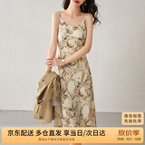 尚都比拉春秋法式印花吊带连衣裙气质女神范性感显瘦裙子 杏底花色 S 