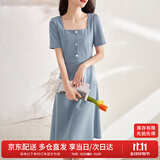 尚都比拉短袖连衣裙女夏季复古赫本风气质通勤裙子中长款A字裙 灰蓝色 S