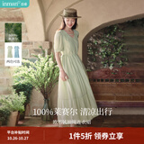 茵曼（INMAN）法式薄荷曼波连衣裙2024夏女装新品V领灯笼袖抽绳 水沫绿 XL