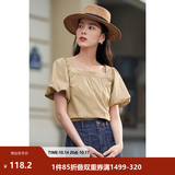 茵曼（INMAN）法式方领显瘦衬衫女士2026夏季新款气质泡泡袖宽松新疆棉衬衣 卡其色 -18225269H1 S