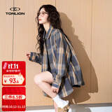 唐狮（TonLion）秋冬季女翻领长袖格纹衬衫拼色百搭时尚潮流通勤减龄简约