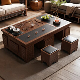 紫桐家居（Z-Tong Furniture）全实木功夫茶几客厅家用办公新中式轻奢烧水壶泡茶一体岩板茶桌台 胡桃色+实木茶盘 （普通不锈钢底部上水茶炉） 120*65茶几（实木面框+E0级环保板材）
