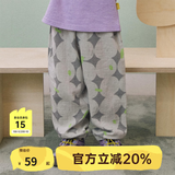 papa爬爬夏季儿童裤子印花防蚊裤男女宝宝双层绉布长裤透气宽松 浅灰色 100 cm