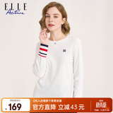 ELLE ACTIVE纯棉撞色条纹袖口长袖T恤女秋季圆领休闲运动通勤显瘦内搭上衣 白色【建议拍大一码】 L