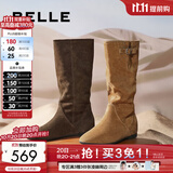 百丽（Belle）复古简约西部堆堆靴女冬季新款商场款内增高高筒靴E5Y1DDG5 灰色 35 (225mm)