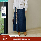 茵曼（INMAN）【100%棉】绣花衬衫女2026秋季女装新款白色立领休闲宽松长袖衬衣 深牛仔蓝半身裙-18438189 M （裤子 27码）