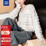 唐狮（TonLion）针织毛衣女秋冬V领短款条纹毛绒长袖上衣早秋宽松软糯针织衫