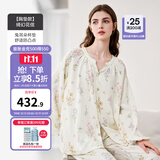 嫚熙（EMXEE）睡衣春夏季孕妇装衣服裤子哺乳待产产后月子服家居服套装弹力丝麻 绮幻花信两件套-胸垫款 无哺乳口 L（适穿115-135斤）