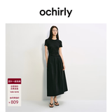 欧时力（OCHIRLY）立体褶皱短袖连衣裙女2026春新款收腰A字长裙 黑色 -独家定染面料 S