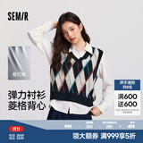 森马（Semir）长袖衬衫女冬季菱形格V领短背心易打理衬衣俏皮学院风两件套 蓝红色调00386 M