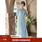 茵曼（INMAN）法式薄荷曼波连衣裙2024夏女装新品V领灯笼袖抽绳 绀蓝色 S