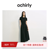 欧时力（OCHIRLY）立体褶皱短袖连衣裙女2026春新款收腰A字长裙 黑色 -独家定染面料 S