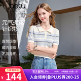 百图女装2026年春夏新款撞色提花针织衫简约显瘦短袖上衣女2603T05