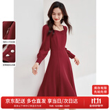 尚都比拉新年红高级感长袖连衣裙女春秋气质方领中长款内搭打底赫本风裙子