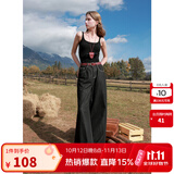 三彩2025秋款纯色坑条背心自带胸垫吊带修身短款打底内搭M 经典黑 S 155/80A