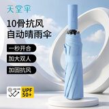 天堂伞 全自动黑胶遮阳伞 三折加大伞面一键开合晴雨两用伞 净空蓝