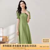 尚都比拉短袖连衣裙女夏季时尚通勤中长款a字裙钉珠收腰显瘦裙子 绿色 L